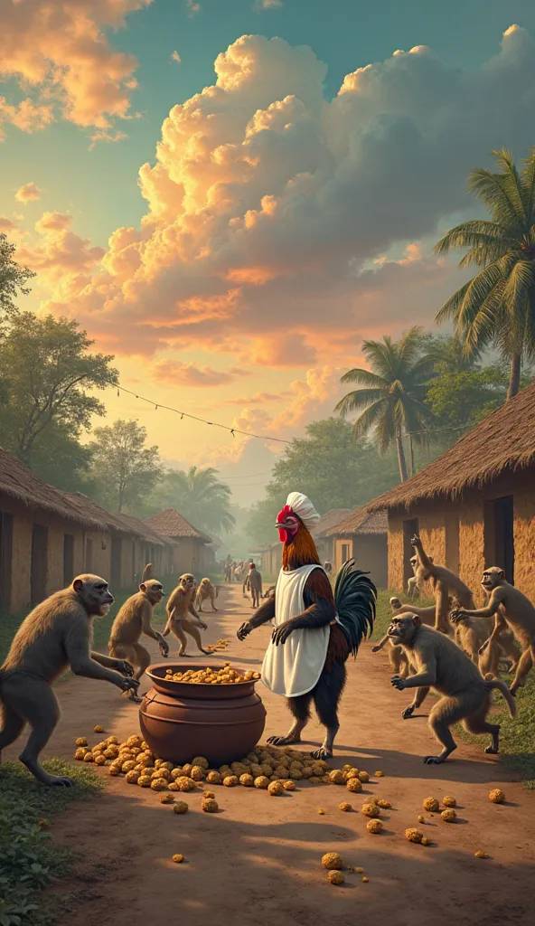 A highly realistic and dramatic village scene unfolds in an Indian rural setting. The sky is vibrant with colorful clouds, and the atmosphere is lively yet chaotic. In the center of the scene, a rooster dressed as a chef, wearing a white apron and a tradit...