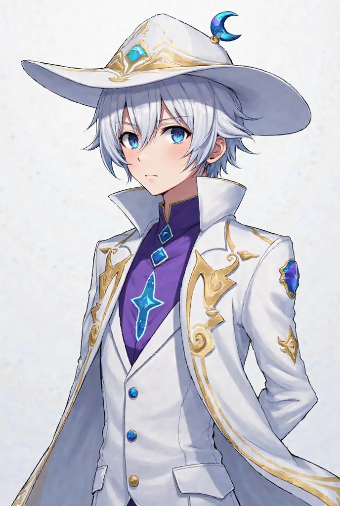 Anime character with white hat and moon logo short moon hair short purple mask light blue mask in the center and light blue on the sides long white suit with gold and blue that says down"assassino507_FF" male character  