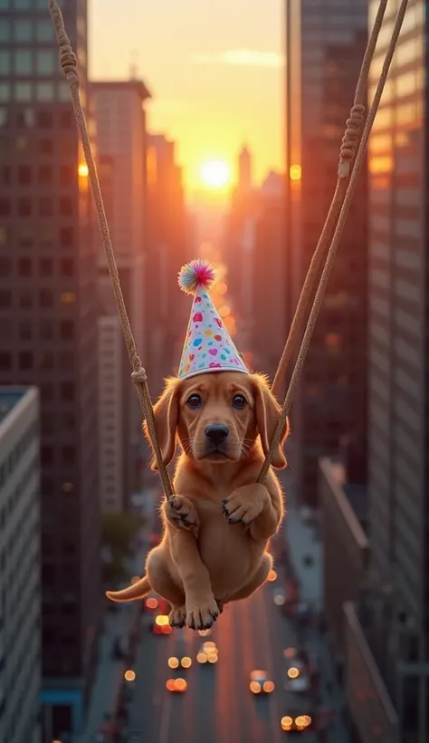 The image captures a whimsical and imaginative scene featuring a small, fragile beagle puppy, an adorable pup suspended high above a cityscape at sunset. The pup, with a shiny tan coat and large, wide, teary eyes, appears almost cartoonish in its cuteness....