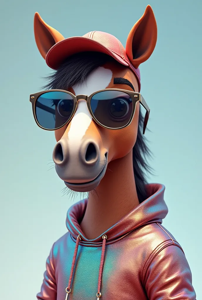 Cartoon Horse wearing a cap and sunglasses. The metallic finish gives a special shine to t the dog &#39;s clothing. no background