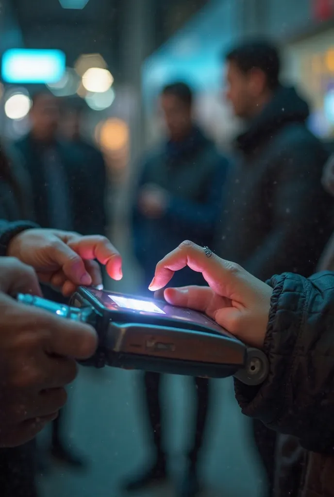 A close-up of a hand with a microchip implant being scanned at a payment terminal. The glowing scanner verifies the transaction while other people in line watch curiously. Cinematic, ultra-realistic, cyberpunk lighting, 4K resolution.