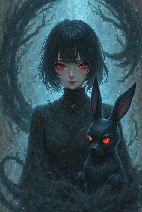 put ATNZ word background, anime woman with a bunny dark aura