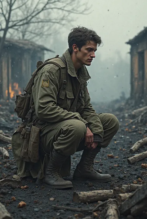 picture, where a Red Army soldier is kneeling in front of the burnt down village where he grew up