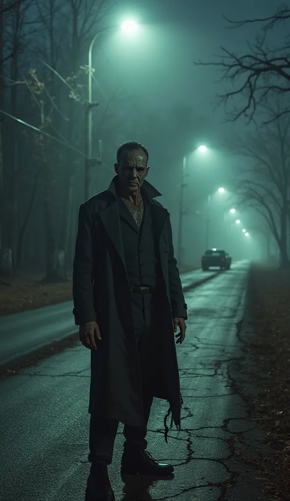 A terrifying man stands alone on the side of a desolate road at night, illuminated only by the dim glow of a flickering streetlight. His face is partially shadowed, revealing deep scars, hollow eyes, and an unsettling grin. He wears a tattered, dark trench...