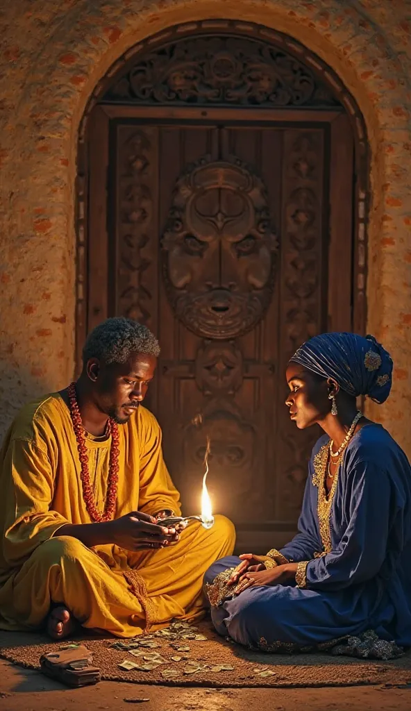 
A wealthy Yoruba home with mud-brick walls and an intricately carved wooden door. Inside, Adewale sits on a woven mat, dressed in a golden agbada and coral beads, counting money with a distant look. Morayo, in a blue iro and buba with intricate embroidery...