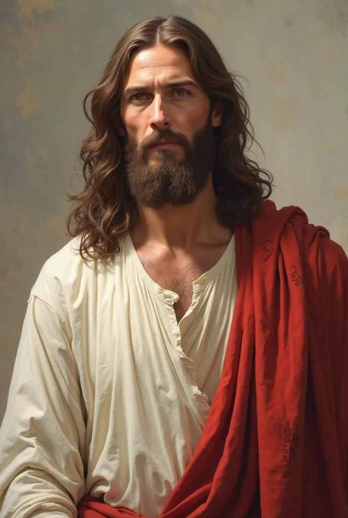 A portrait of Jesus Christ, typical of biblical passages, with long wavy brown hair, beard, wears a white tunic and has a red sash on his shoulder and tied at his waist,