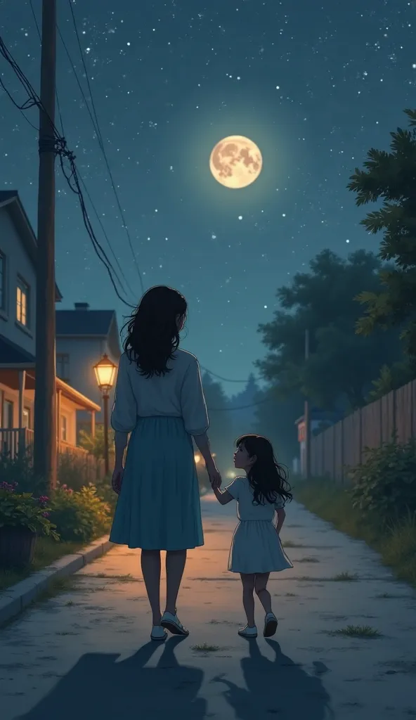 ADULT GIRL HOLDING HANDS WITH A VERY YOUNG GIRL WALKING BACKWARDS DOWN A STREET AT NIGHT WITH THE WANING MOON AND STARS