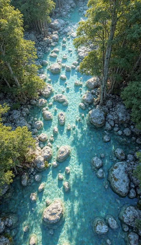 A breathtaking aerial view of a forest in Patagonia, covered with massive, crystal-clear quartz formations. The ground is sparkling like a glass sea, bathed in soft sunlight, creating a surreal and magical atmosphere. The trees are lush and green, standing...