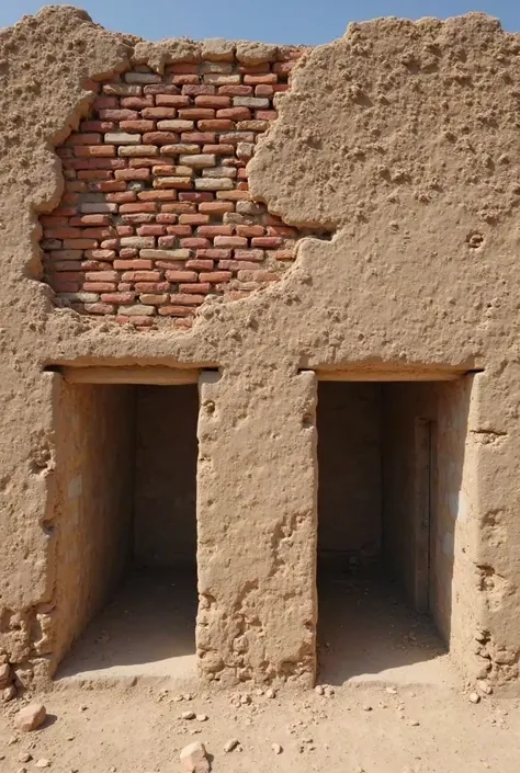 wall with exposed bricks and mud, Little broken plaster, the wall is 6m wide and has two separate doors, None of them have a well-defined framework, one door goes to a bathroom and the other to the room. 