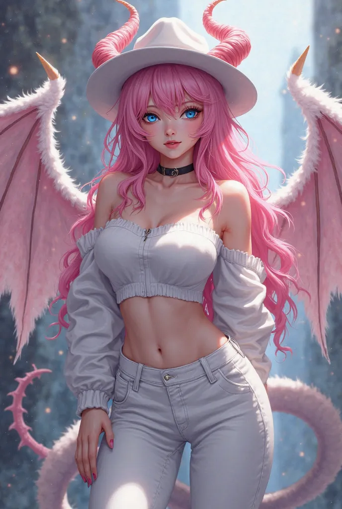 Adult,anime,woman,long messy pink hair, blue eyes, white cropped off shoulder sweater, white fedora with white horns, white and pink demon wings,white demon tail,long black pants,((Big Boobs))