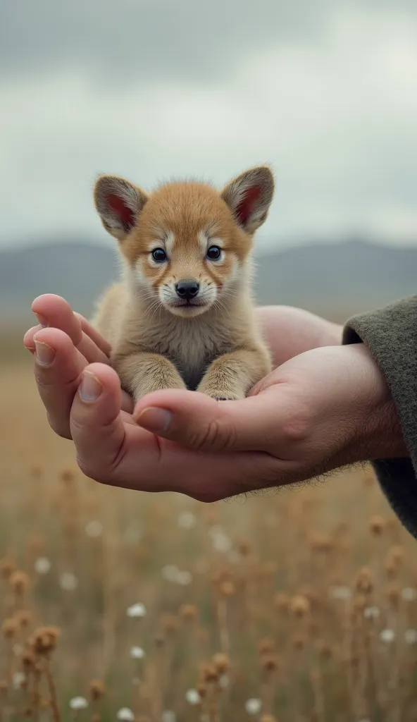 "A photorealistic image of a giant hand holding a small saiga cub in the palm of its hand. The hand is huge, with rough skin and deep wrinkles, symbolizing strength and antiquity. The saiga cub looks fragile and defenseless, its fur is soft and light, and ...