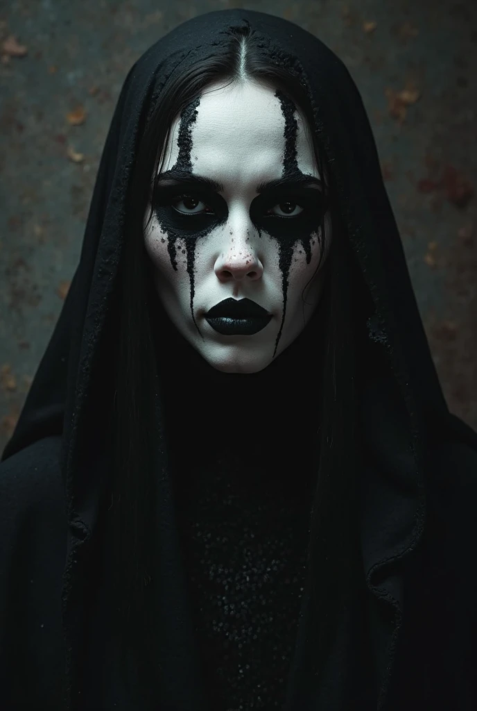 Someone who likes black metal painted white with black paint around the eyes and a black background