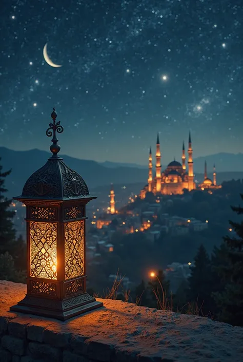 "An intricately designed metal lantern with glowing golden light stands in the foreground, radiating warmth against the cool night. The sky is filled with countless stars and a crescent moon, casting a magical glow over the landscape. In the distance, myst...