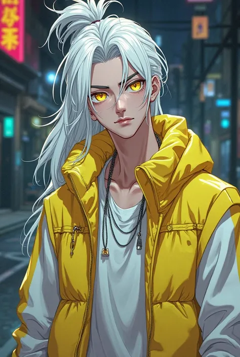 Anime young man, golden eyes, long white hair, man bun hairstyle, his clothes are neon yellow and white, arrogant expretion, futuristic clothes, he is on the top of a state, cyberpunk vibes, futuristic ambience, full body, night ambience 