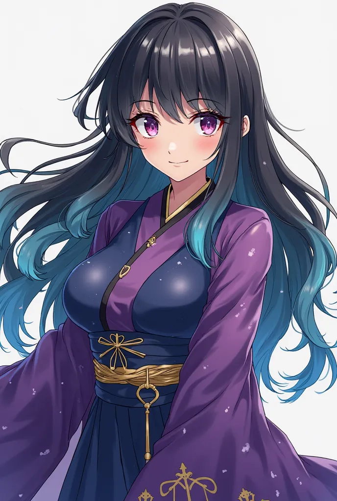  make a short woman, with long black hair and patches of cyan with white, type 1c — commonly wavy at the tips, wearing a purplish blue uniform and a violet haori with shiny gold details, she also has empty eyes, white sclera, dark purple iris with no pupil...