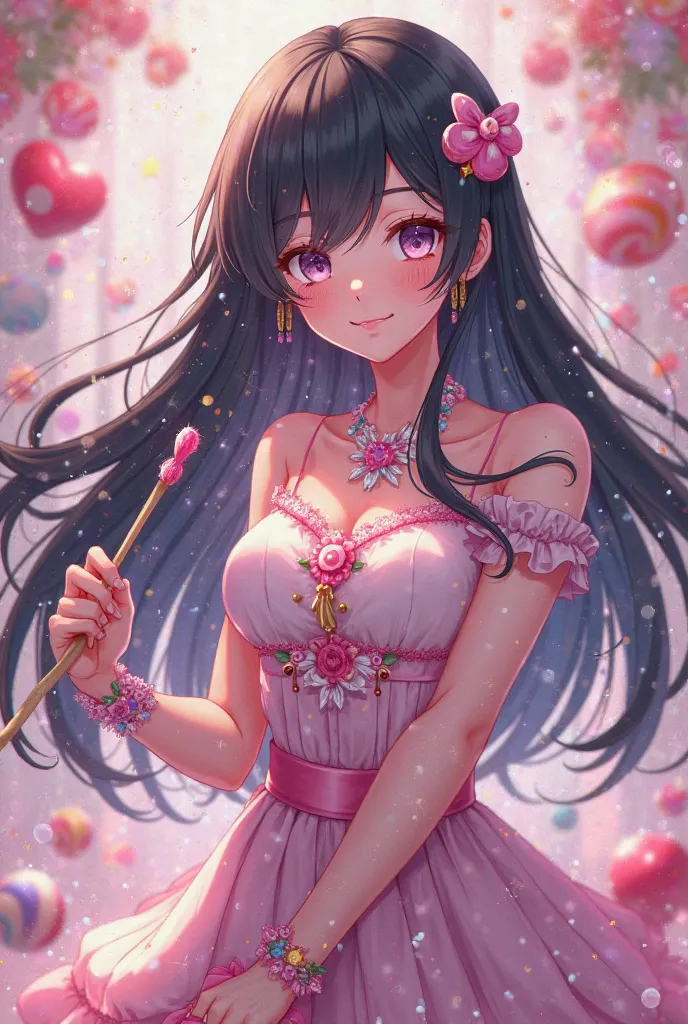 Black-haired anime girl with candy decoration and a magic candy wand