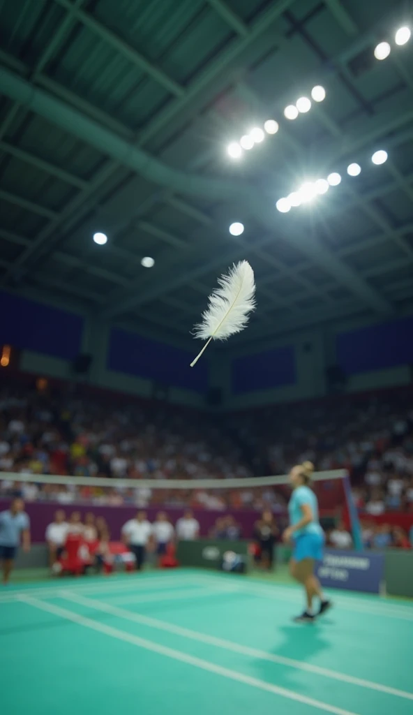 A single feather floating in the air. A badminton player doing a jump smash in the background. The crowd is chanting. The lighting in the badminton court is bright, cinematic and dramatic.