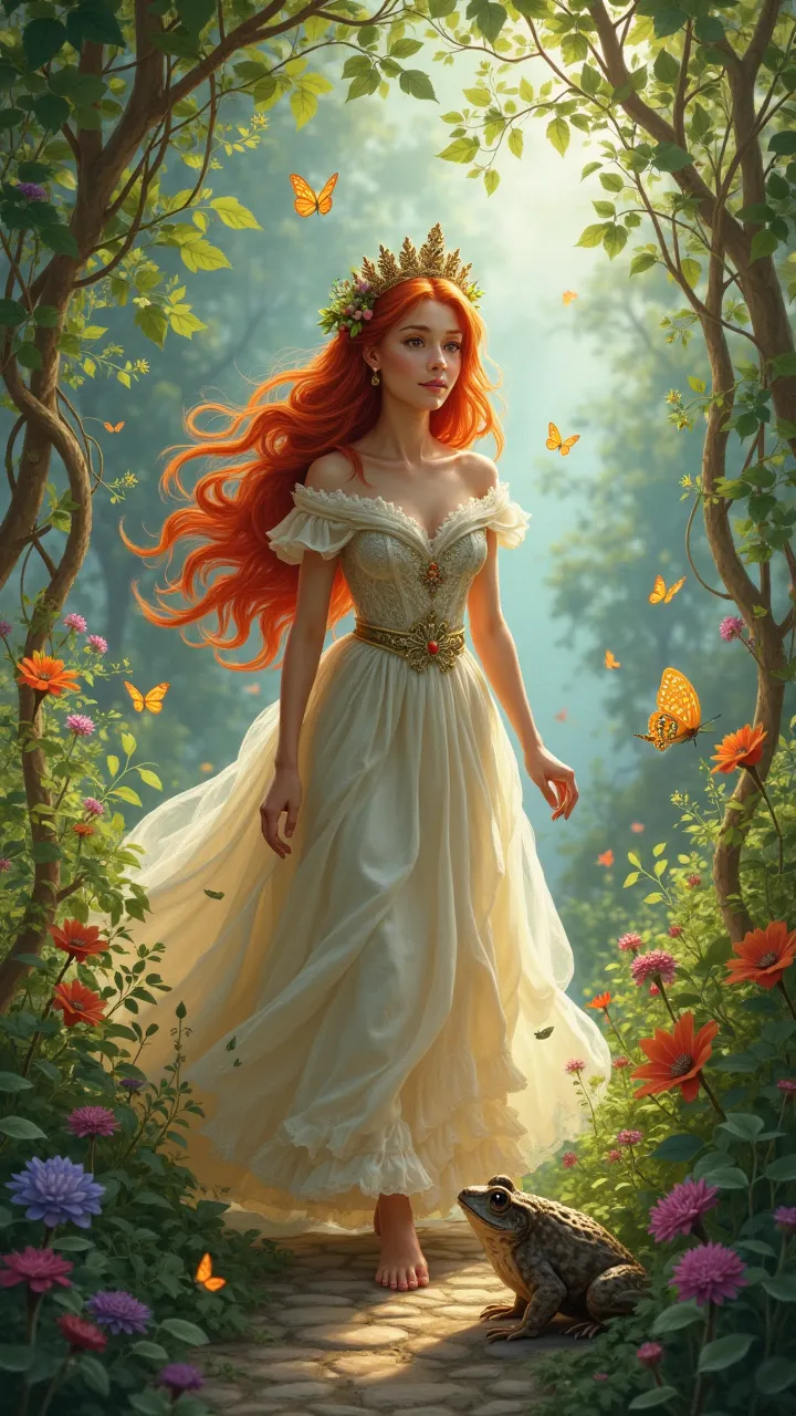 The red-haired princess goes to a garden where there are butterflies and toads.,Then he hears someone speaking to him.