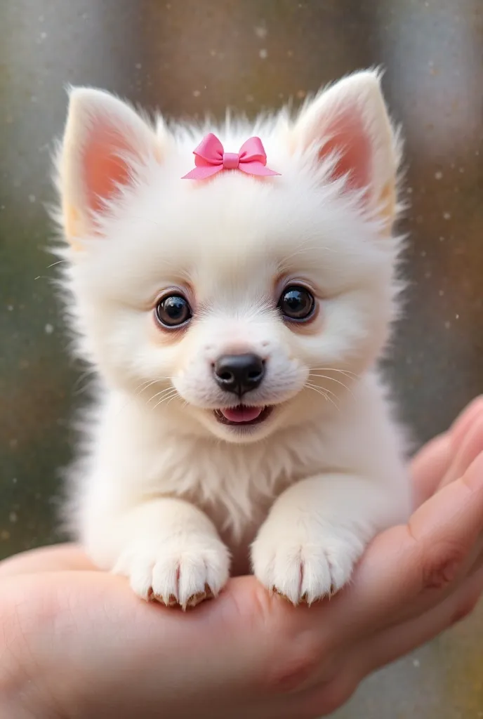 A  miniatue cute puppy with long white fur was looking straight at me with its deep eyes. A pink ribbon is tied on the top of the head realistic,high resolution,on a human palm ,gazing at the camera with a playful smile ,a blurred  surrounding environment ...