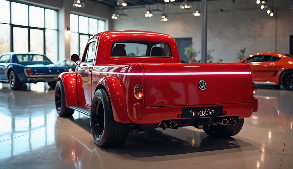 *A realistic, high-quality full HD image of a modern Volkswagen Beetle pickup seen from the **front left side view**, resembling a 1950 Chevrolet Silverado vintage pickup. The pickup is painted in a soft red with glossy paint and features a sleek, aerodyna...