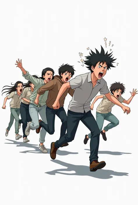 Side view of scared people running away, looking over shoulder,  full body image, isolated on white background, anime style, shouting