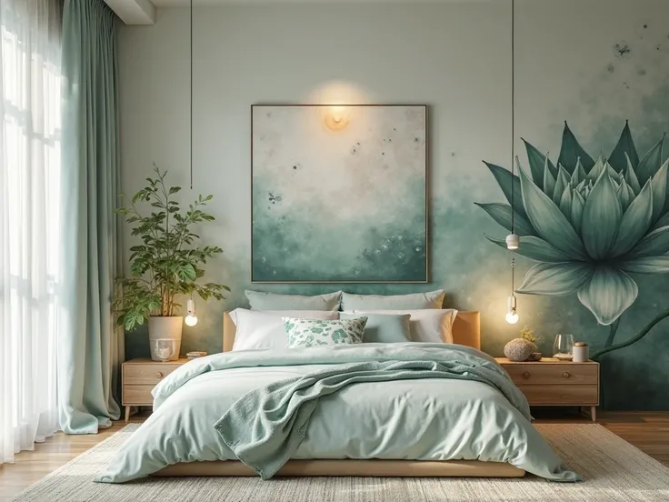 "A peaceful bedroom interior inspired by the lotus flower, with soft, flowing shapes that evoke the elegance of the petals. The color palette includes serene blues, pure whites, and gentle greens, creating a calm and restful atmosphere. Lotus-inspired patt...