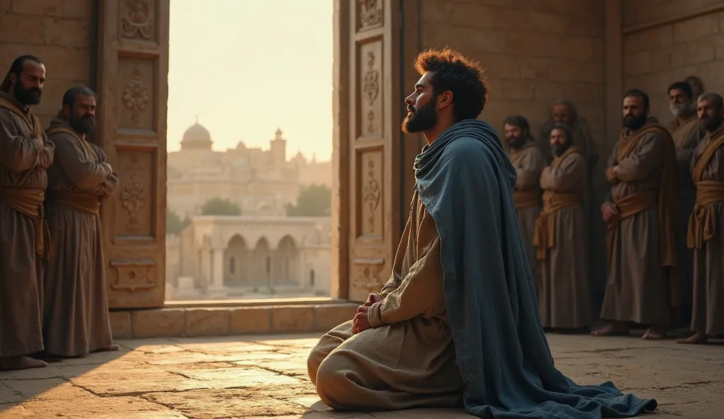 an incredibly realistic image depicting Daniel kneeling in prayer in an austere room of the Babylonian palace. Dressed in his worn linen robe and his ragged blue cloak, he displays a serene and devoted face, with his eyes closed in concentration and unshak...