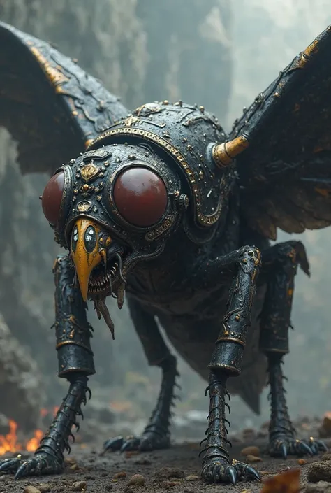 Giant fly with two pairs of eagle wings, parts of medieval black armor