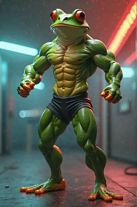 Pepe's muscular frog as if she were in a fitness video with Russian hardstyle music in the background 