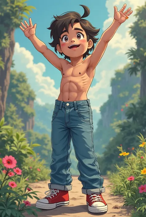 young boy can you believe I'm wearing high-waisted mom jeans? shirtless Pokemon style