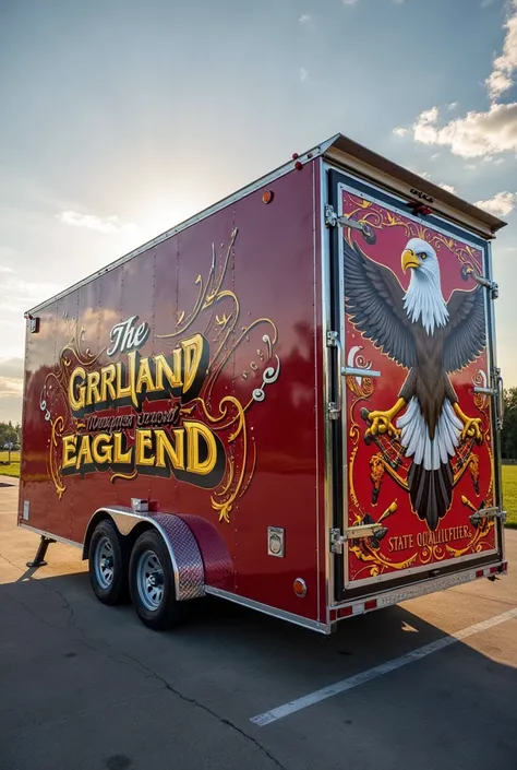 Marching band trailer with the words "The Grand Band from Eagleand" with music notes and an eagle. The side will say state qualifiers. The theme will be maroon gold and white