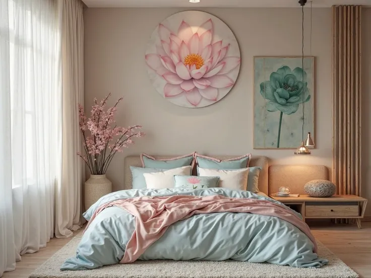 "A serene bedroom interior inspired by the lotus flower, with soft, flowing shapes that mirror the delicate petals. The color palette blends serene blues, gentle pinks, pure whites, and subtle greens to create a calming and restful ambiance. Lotus-inspired...