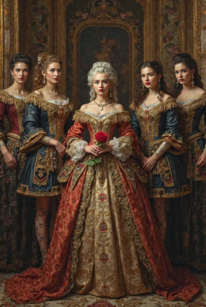 A woman dressed as Louis the 14th who is holding a red rose, Three women dressed as musketeers of the king around Louis 14