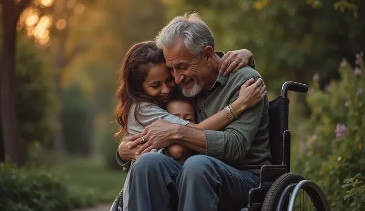 The Embrace of Conquest
After the effort, Theodore handsome man in the wheelchair is sitting, Exhausted, but smiling. Yasmin runs up to him and wraps him in a tight embrace, his small head resting on his chest. jasmina, next to, observe the scene with move...