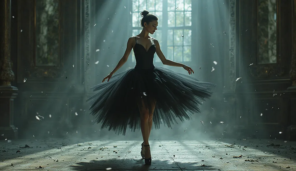 Gothic ballerina in a black tutu with deep cleavage: She dances in an abandoned ballroom, surrounded by broken mirrors and dust. The deep cleavage tutu gives her an elegant, But gloomy appearance.