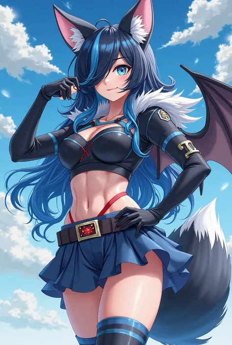 My Hero Academia anime format, Slim girl with fair skin, heavenly eyes, long wavy hair up to the butt with navy blue glitter with light blue locks up to the middle with a moment of hair with bangs covering her left eye, with fluffy fox ears and tail and ba...