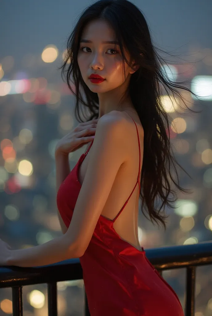 *"An Asian girl with a charming beauty, white skin smooth as jade, long and deep eyes, shining a mysterious charm. The plump red lips gently curl up to create a natural charm, combined with a high and elegant nose bridge, brings an elegant yet sexy beauty....