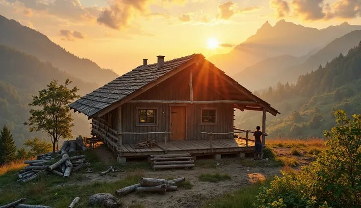 Amidst the breathtaking highlands, a determined rural couple works tirelessly to build their own wooden house from scratch—cutting logs by hand, assembling sturdy beams, and crafting every detail with care, as the golden sunset casts a warm glow over their...