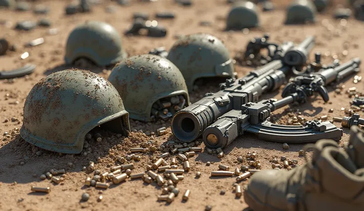 There is a pile of modern military ammunition on the ground. Bulletproof vests, helmets , military boots.  Everything looks like this , as if left in a hurry.