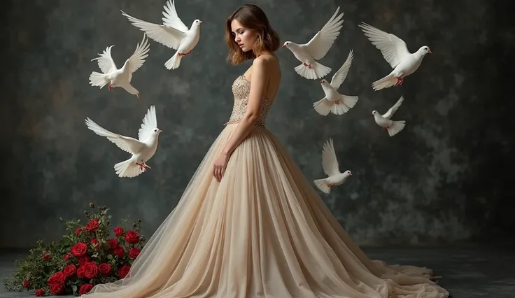 A young woman, light-skinned and with shoulder-length, light brown hair,  is posed in a full-length studio shot.  She is wearing a light beige, strapless, corset-style gown with intricate beaded detailing.  The dress has a full, flowing skirt with many lay...