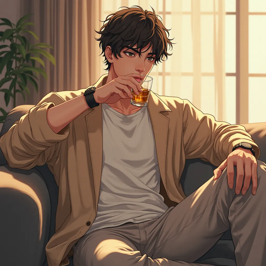 "A highly detailed anime-style illustration of a handsome young man with short, messy dark brown hair, sitting on a modern couch in a stylish, minimalist living room. He wears a casual white t-shirt layered with an open beige cardigan and light-colored pan...