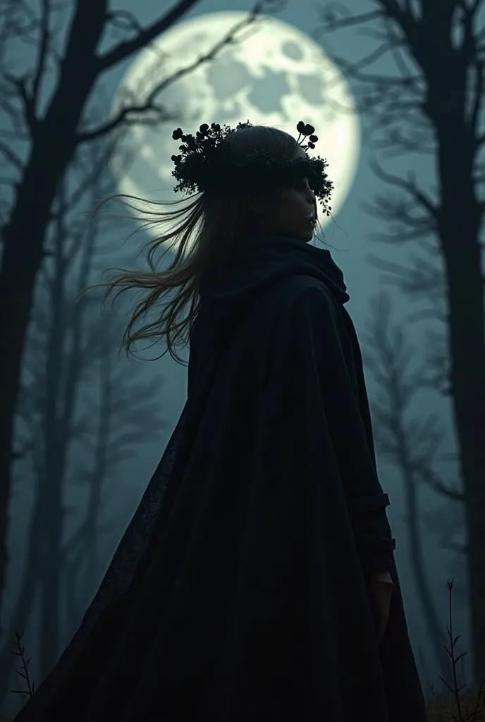 Silhouette of a medieval moestra girl in a long raincoat against the background of a night forest with a wreath of black flowers on her head, her hair is fluttering in the wind her face is covered by a veil in the background full moon