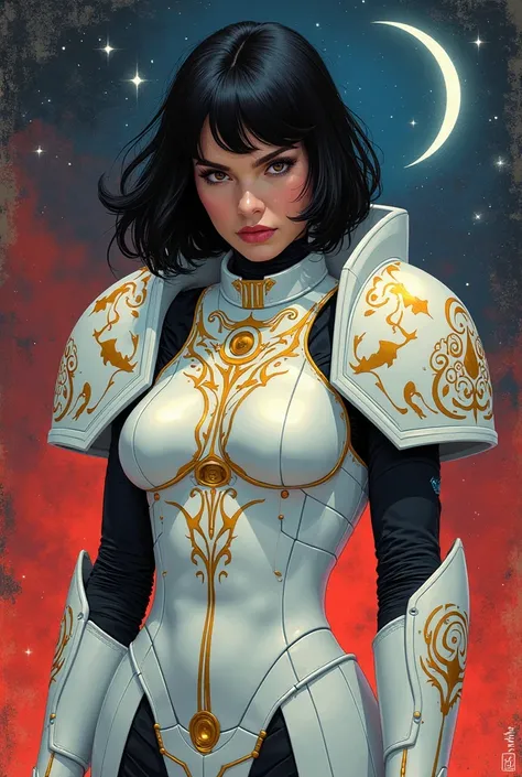 Retro style. The first plan is close. On the cover of the book: fantasy, magic, red and blue shades, Warhammer 40,000, Adeptus Sororitas, short black hair, white power armor with a golden pattern, Persian appearance, Gal Gadot. Stern gaze, domineering aura...