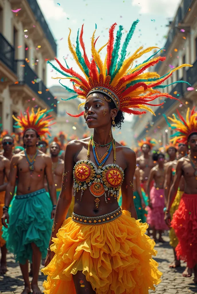 
A vibrant Carnival scene in Brazil, showing the fusion of cultural influences. with elements that refer to the Orixás, How do you count , fluid fabrics and body paints. around, drums echo while Musicians play Afro-Brazilian rhythms, like samba and maracat...