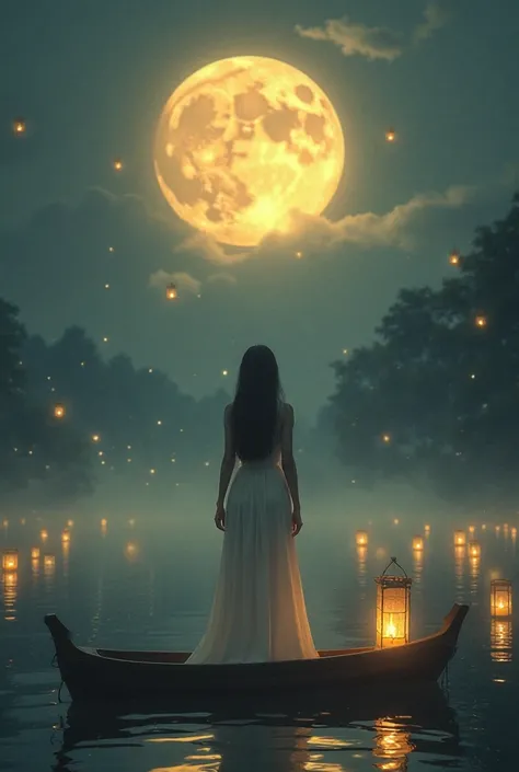 Serene moon lake with floating lanterns, Mysterious atmosphere and dreams, soft yellow light reflecting on the water.A young woman dressed in a long white dress in Chinese dress is standing on a boat in the far reaches of the lake, pale matte back shadow.