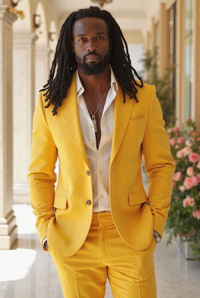 A  african muscular man , long black hair eclectic physique ,  muscular.  He wears a  linen coat in yellow  suit consisting of  tailoring pants ,  combined with a linen light white shirt ,  who adds a casual touch to the look .  Her accessories include sil...