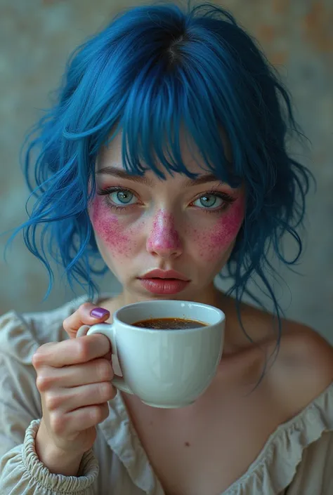 Blue haired girl with pink highlights, Dark Skin, big nose, drinking a cup of coffee 