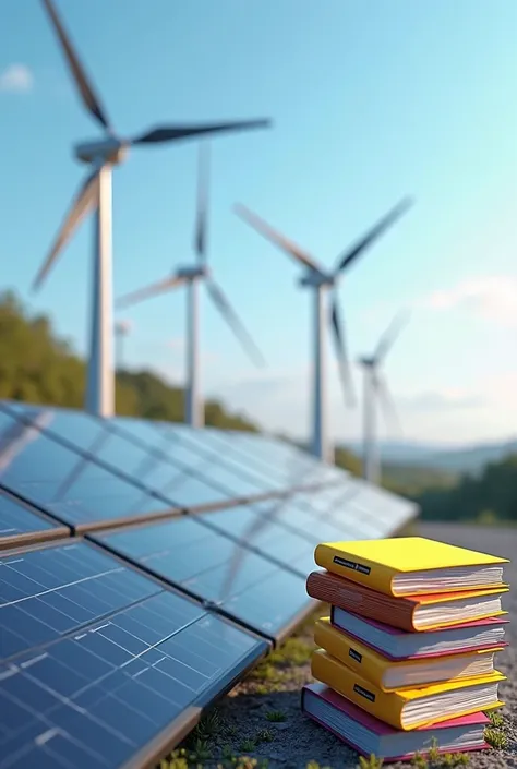  photovoltaic panels , wind turbines and documentation folders should appear. realistic image quality,  simple and professional .  colors blue, dark yellow, And some magenta