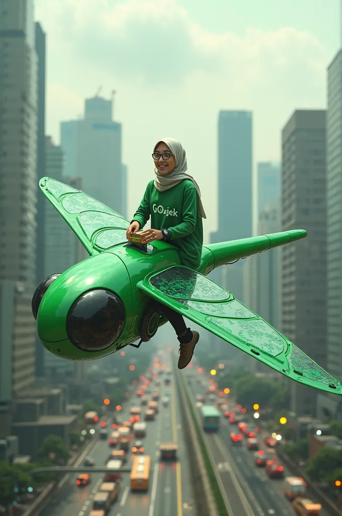 *"A young woman in a hijab with a graceful face, without glasses, working as a future Gojek courier. He sits confidently on top of a futuristic vehicle in the shape of a green robotic dragonfly bright. His green jacket has the 'Gojek' logo clearly visible ...