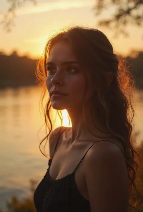 "A young woman stands near the lake, her eyes filled with uncertainty as she gazes away into the distance. The golden sunset casts a soft glow on her face, highlighting her emotions. Behind her, a young man watches her with longing, his expression filled w...